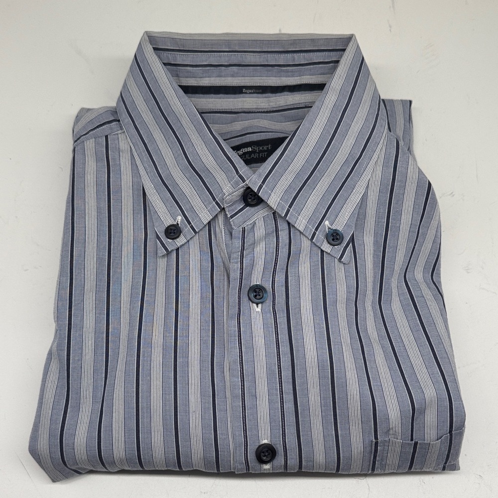 Zegna Sport Men's Striped Button-Down Shirt in Blue and Gray